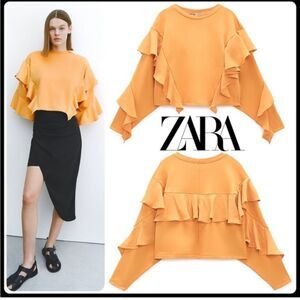 Zara Womens Ruffle Cropped Orange Sweatshirt Medium Long Sleeve Crew Neck